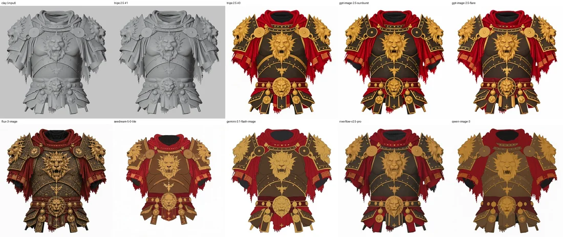 A grey clay render of a chest plate, and nine textured versions of it from different image models