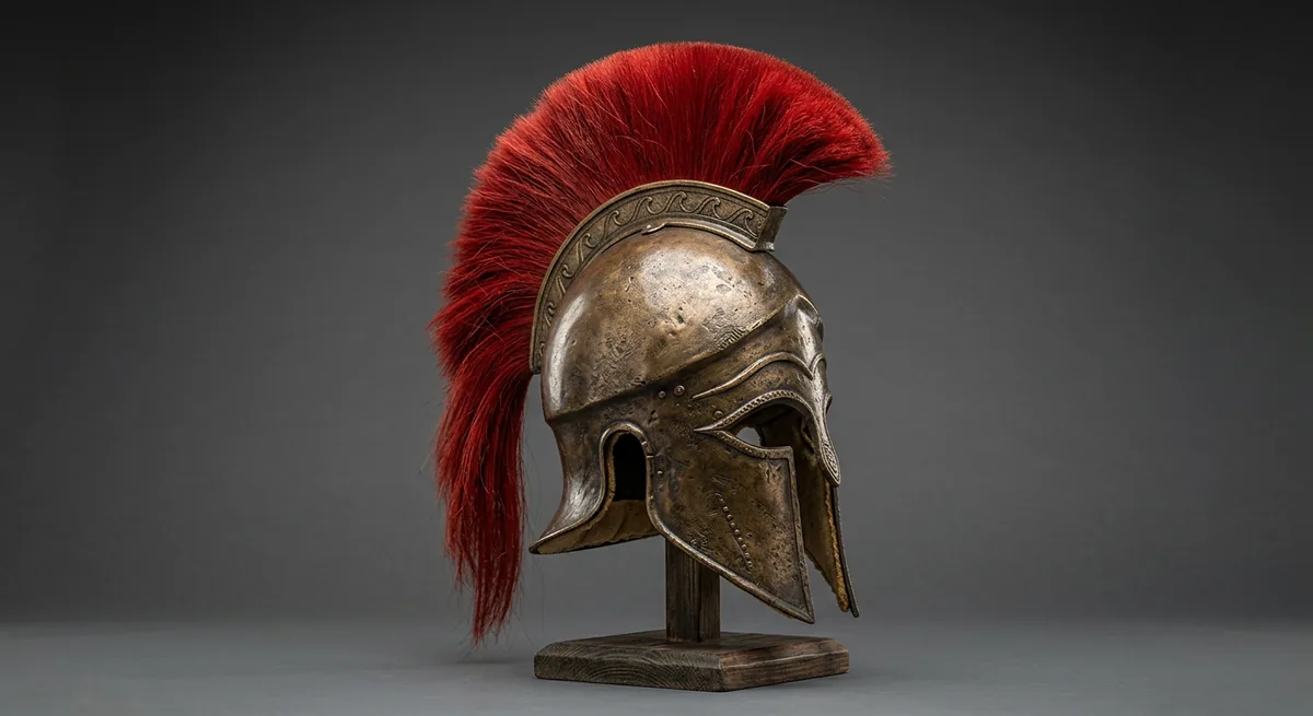 A bronze Corinthian helmet with a red horsehair crest on a wooden stand