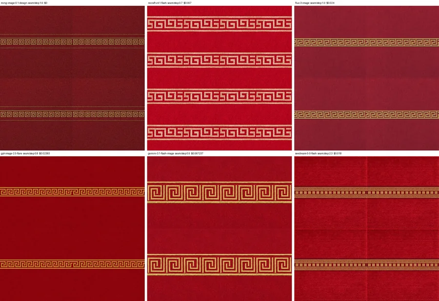 Six red cloth tiles with a gold Greek-key border from six image models