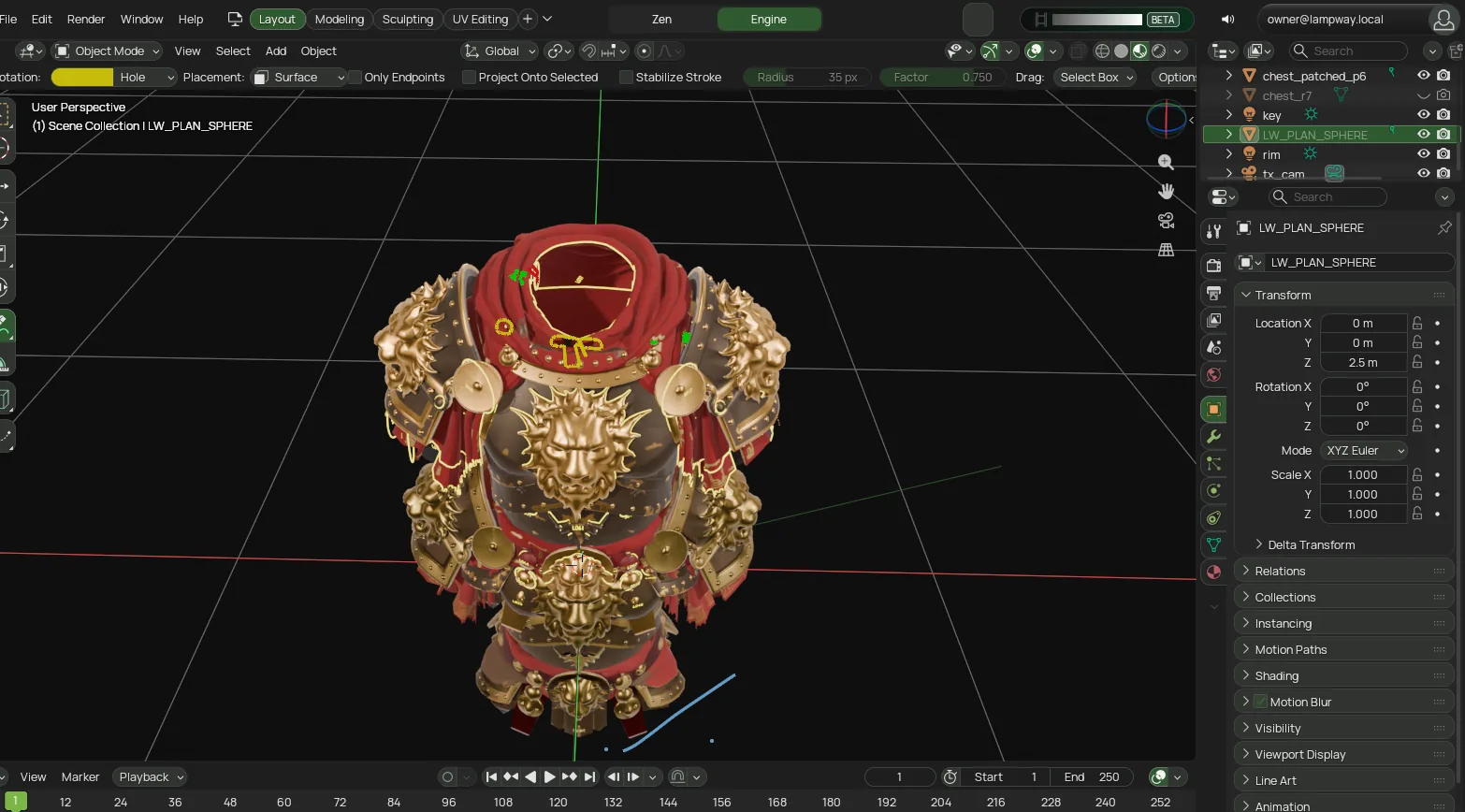 The Lampway client: a textured chest plate in the viewport, the outliner listing the sphere the agent placed