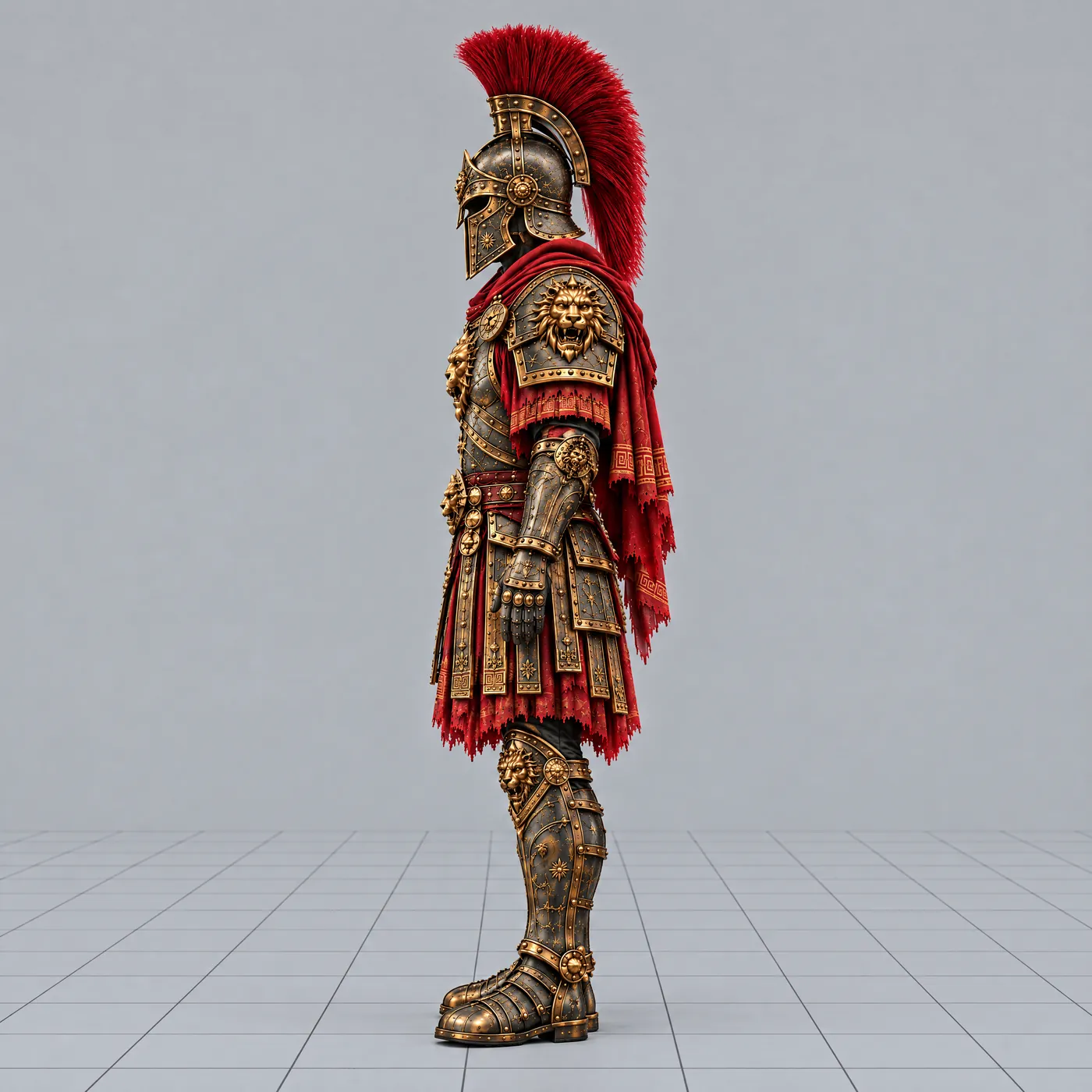 The armoured warrior in side profile on a grid floor